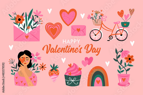 Valentines day cute elements set with heart shape, bicycle, girl and envelope. Hand drawn vector illustration