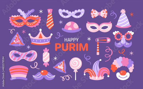 Purim holiday cute carnival costume masks and elements set. Childish print for greeting cards, posters, invitations and stickers.