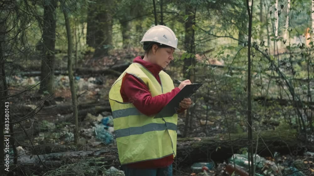 Ecologist woman in workwear and helmet issues fine for dumping plastic waste in park. Concept of pollution of natural parks, woods and nature reserves with non decomposable waste