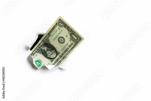 One dollar sticking out of a hole on a white background, incomplete income.