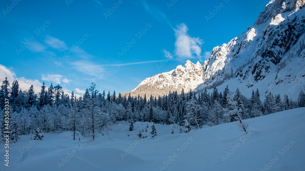 Ski mountaineering on mount Mangart, near the Slovenian border, Friuli-Venezia Giulia, Italy