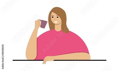 Funny girl drinks tea. Vector illustration.
