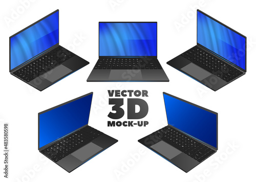 3D set of portable realistic black computers. Glowing blue blank screens for mockups. Laptops in different isometric projections