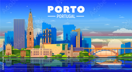 Porto Portugal skyline with the panorama sky background. Vector Illustration. Business travel and tourism concept with modern and old buildings. Vector for presentation, banner, website.