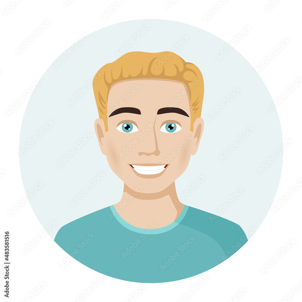 Male avatar, portrait of a young blond guy. Vector illustration of male character in modern color style