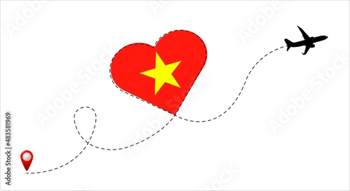 Airplane flight route with Vietnam flag inside the heart.