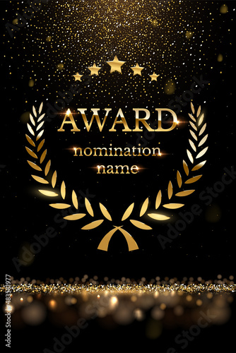 Winner nomination award with gold laurel, luxury reward, certificate poster with glitter photo