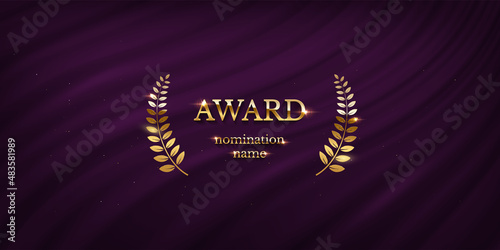 Award nomination emblem, gold laurel wreath with purple curtain background. Movie award ceremony opening, celebration event, announcement vector illustration. Film theatre scene.