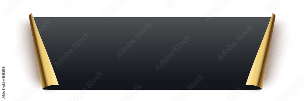 Black paper page with gold rolled bent edge, realistic 3d blank sheet sticker template Black paper page with gold rolled bent edge, realistic 3d blank sheet sticker template