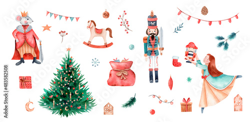 Christmas Nutcracker ballet watercolor Illustration set. Christmas toys, ballerina, soldier, mouse, Christmas tree and decor cliparts.