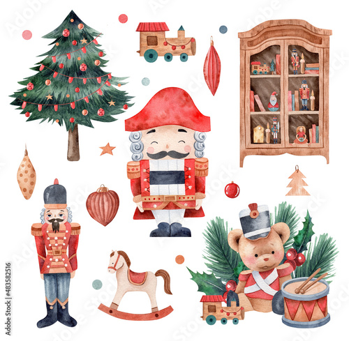 Christmas Nutcracker ballet watercolor Illustration set. Christmas toys, Nutcracker, soldier, bear, Christmas tree and decor cliparts.