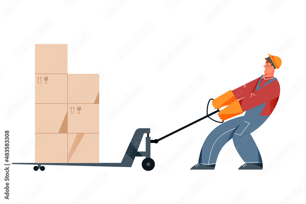 Warehouse worker pulling cart with stack of boxes, loader pushing trolley with effort Warehouse worker pulling cart with stack of boxes, loader pushing trolley with effort