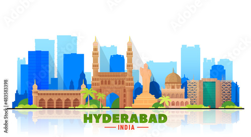 Hyderabad India skyline with panorama in white background. Vector Illustration. Business travel and tourism concept with modern buildings. Image for banner or web site. photo