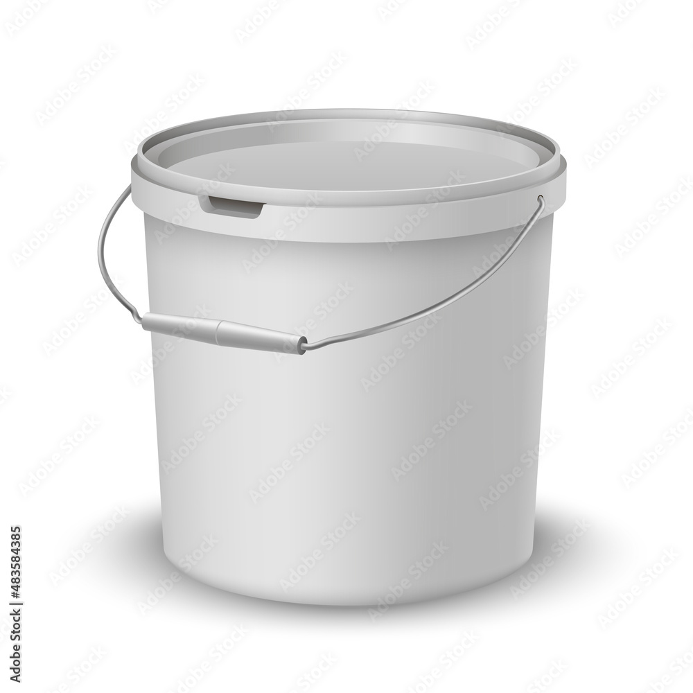 White plastic bucket with lid handle realistic vector pail for food products, paint, household stuff