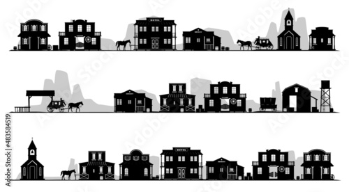 Monochrome wild west landscape black silhouette background set vector illustration