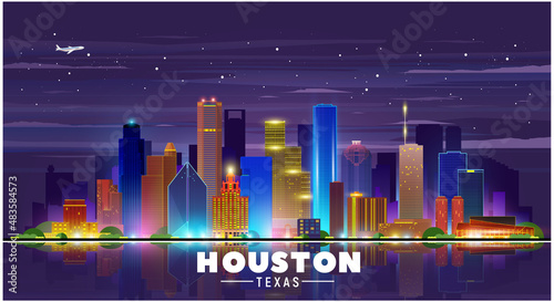 Houston Texas (USA) night city skyline vector illustration on sky background. Business travel and tourism concept with old and modern buildings. Image for presentation, banner, website.