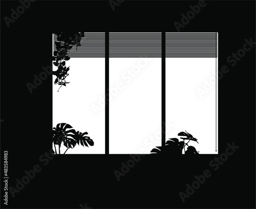 Vector black and white silhouette of home window with plants and shutters suitable for layer mask or backgrounds.