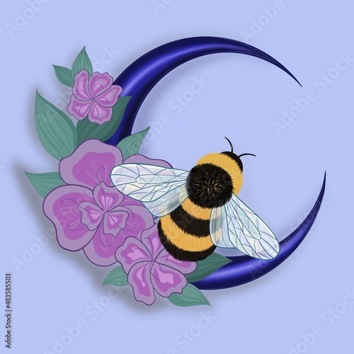 Moon with flowers and bee. photo