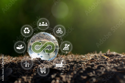 Circular economy concept.crystal globe with a circular economy icon around it.circular economy for future growth of business and design to reuse and renewable material resources. photo