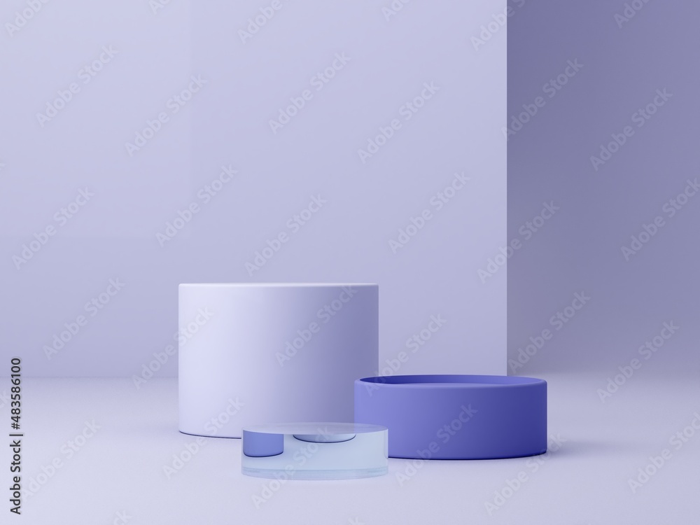 Abstract minimal scene with geometrical forms. Cylinder podiums in Very Peri color. Abstract background. Scene to show cosmetic podructs. Showcase, shopfront, display case. 3d render. 