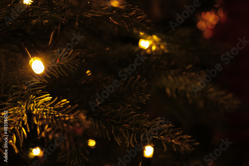 Christmas Background. Garland lights New Year's illumination on the Christmas tree. Abstract Blurred photo background with blinking lights from tangled garlands. winter and holidays background