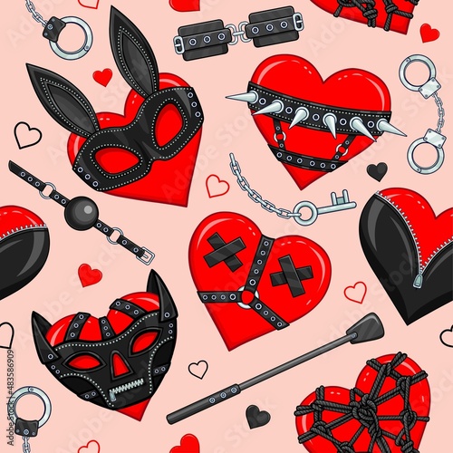 Seamless background: hearts in costume, adult role-playing games. Mask, bondage, shibari, collar. Template for love content. Vector illustration. Print, poster, t-shirt, card. 