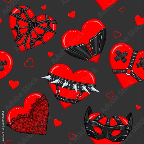 Seamless background: hearts in costume, adult role-playing games. Mask, bondage, corset, shibari, lace, collar. Template for love content. Vector illustration. Print, poster, t-shirt, card. 