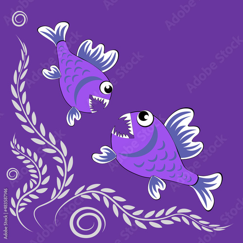 predatory evil piranha fish. Fabulous underwater world. Styling, cartoon style