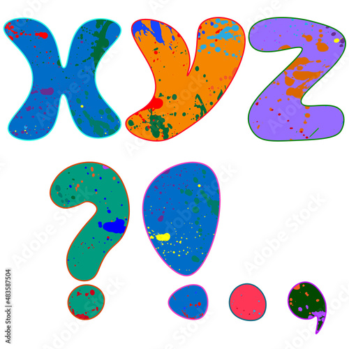 Letters and punctuation marks with multicolored blots. Letters X-Z splattered with paint
