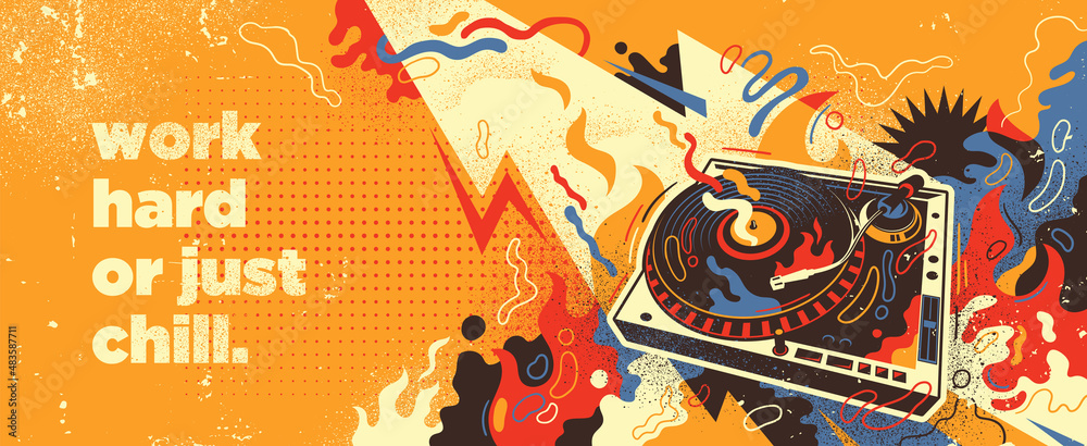 Abstract lifestyle background design with turntable and colorful splashing shapes. Vector illustration.