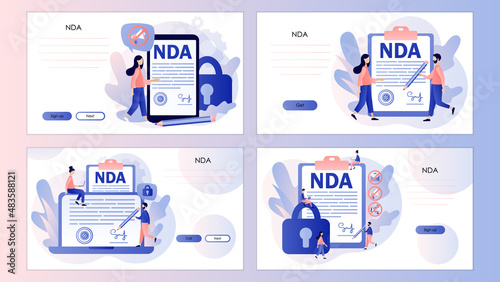 NDA contract. Non disclosure agreement. Tiny people sign confidentiality agreement document. Screen template for landing page, template, ui, web, mobile app, poster, banner, flyer. Vector illustration photo