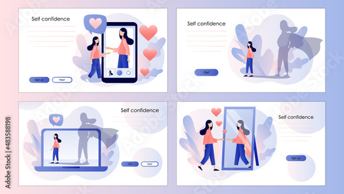 Self confidence. Self-image. Confident strong woman as superhero. Self love. Self development. Motivation. Screen template for landing page, template, ui, web, mobile app, poster, banner, flyer.Vector