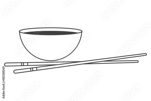 Icon of chopsticks and cup for soy sauce. A simple line drawing of traditional kitchen items. Isolated vector on pure white background.