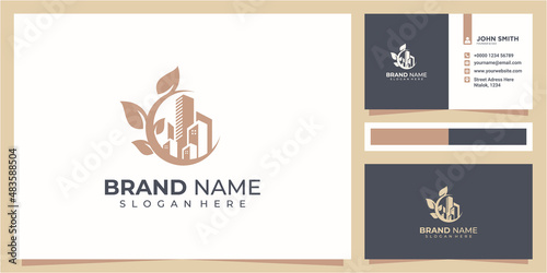 building nature leaf logo design concept with business card design. building leaf logo design