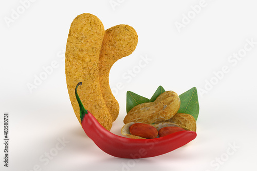 3d rendering - Peanuts, flips, puffs,snack and hot red chili pepper isolated on white background high quality details