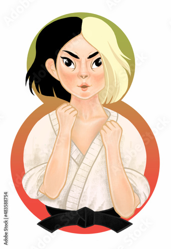 karate girl with two-tone hair in a kimono with a black belt on a green-red background