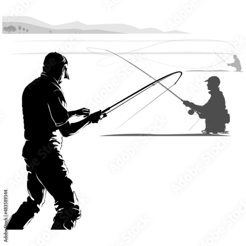 Fly fisherman fishing.graphic fly fishing.clip art black fishing on white background - Vector