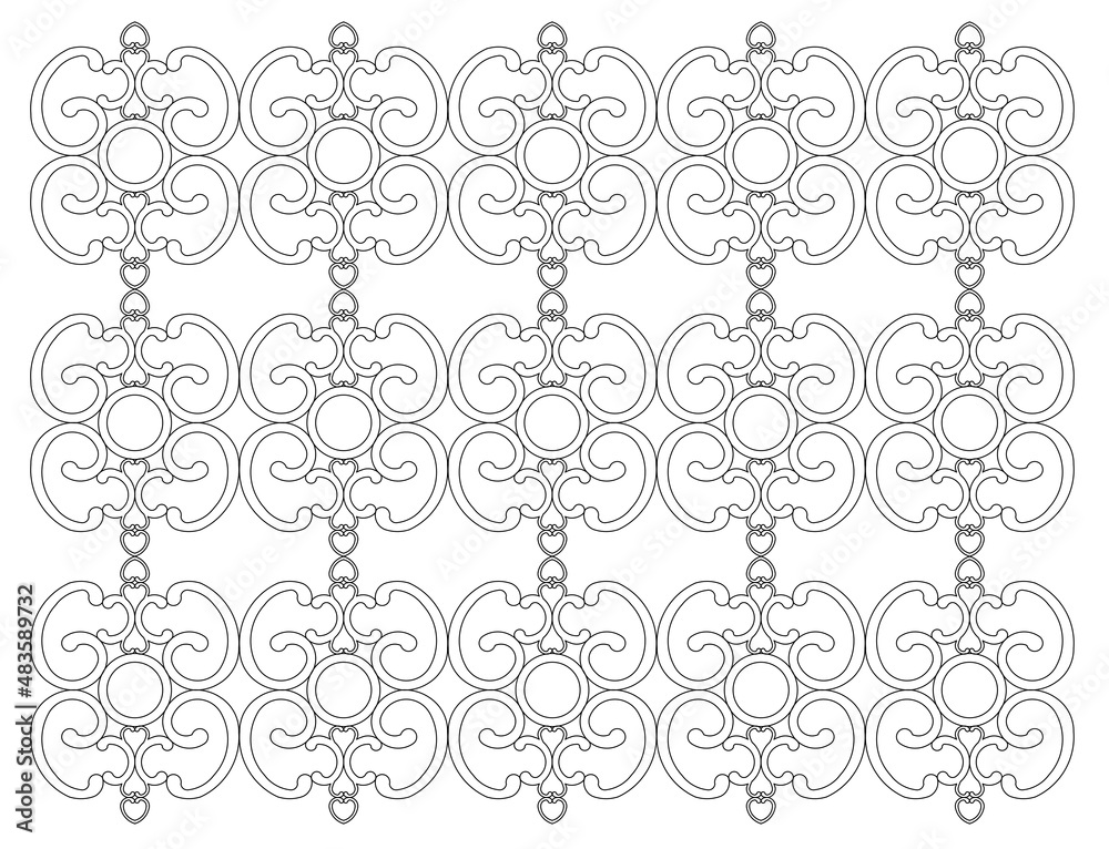 Decorative pattern based on flora design and combined with geometry. 2D pattern using CAD design in black and white.