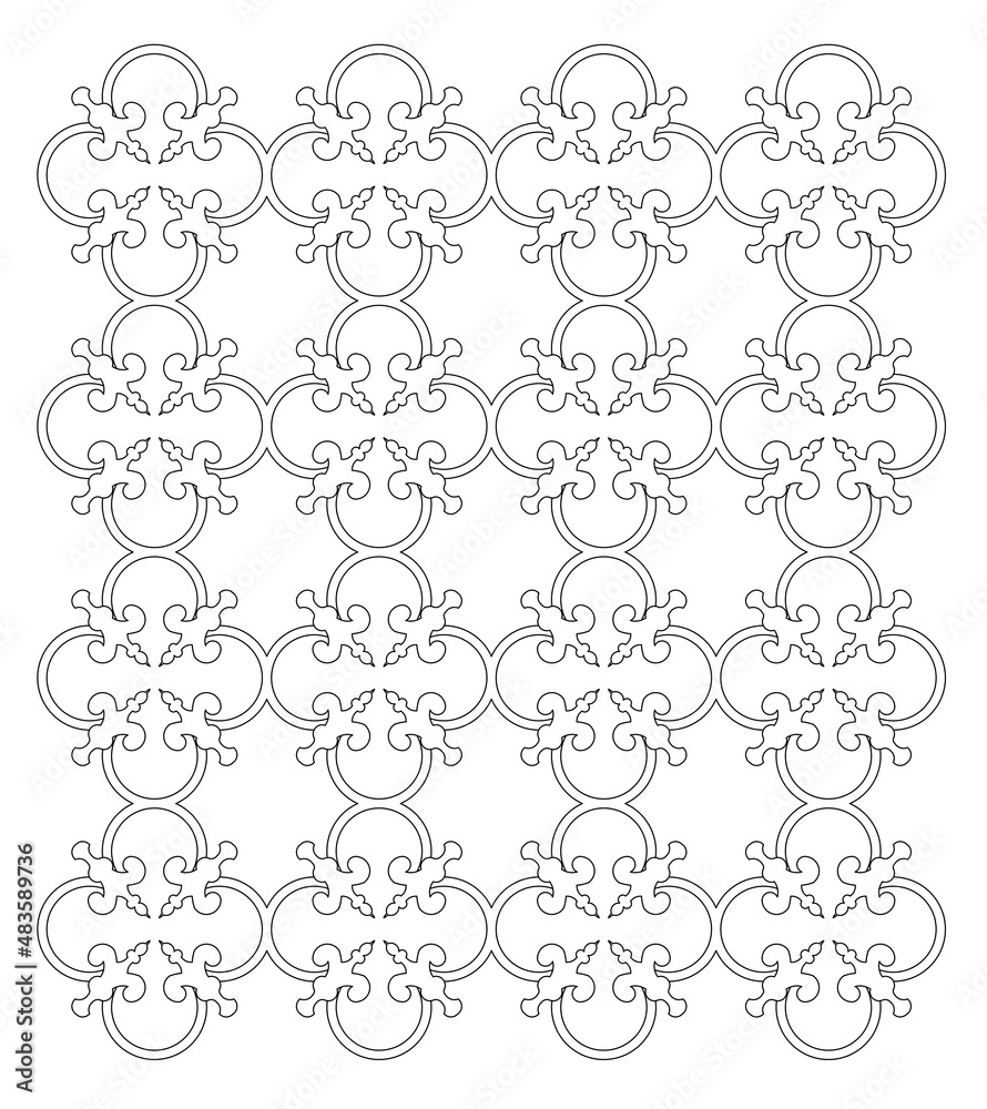 Decorative pattern based on flora design and combined with geometry. 2D pattern using CAD design in black and white.