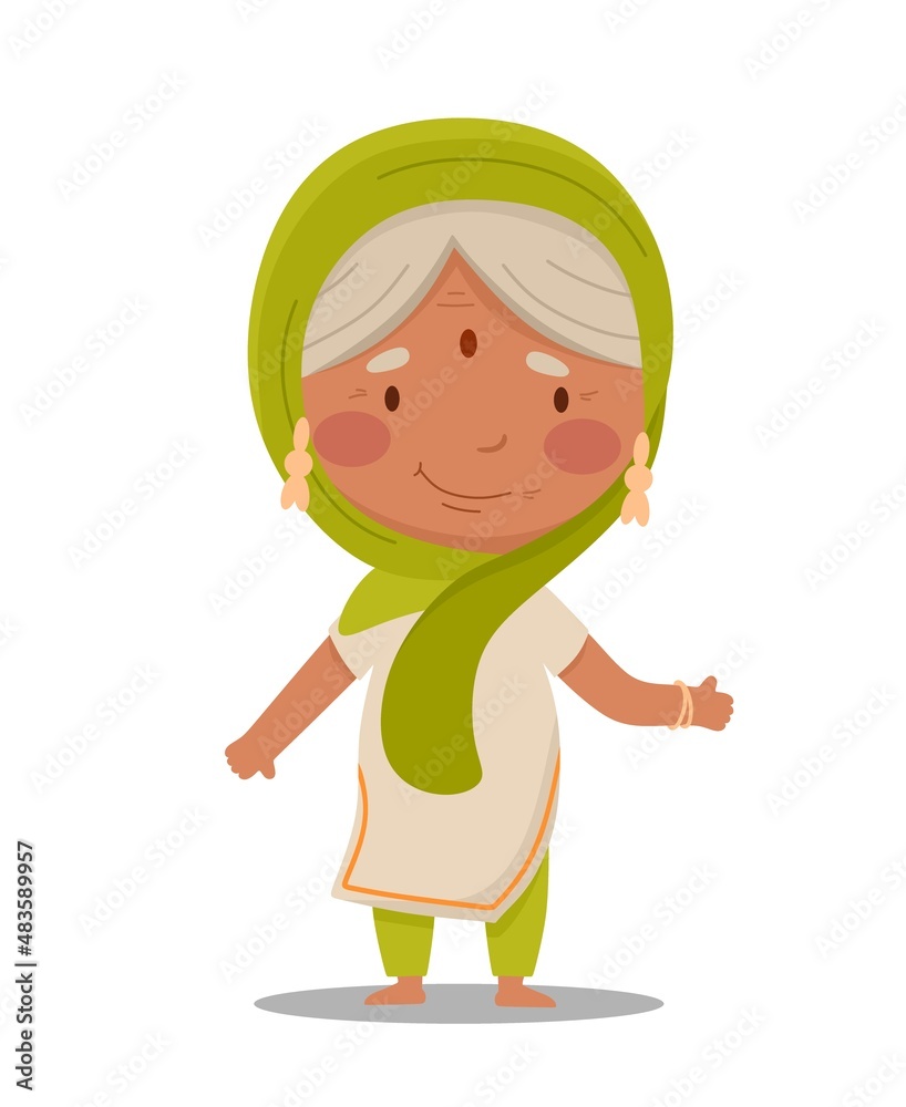 Indian older woman granny is sweet and cheerful. Vector illustration in a flat cartoon style Indian older woman granny is sweet and cheerful. Vector illustration in a flat cartoon style