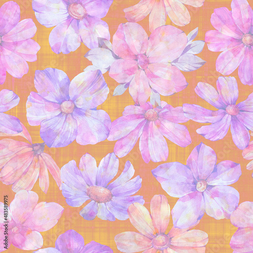Floral abstract pattern. Seamless botanical ornament  watercolor painting digitally processed. Delicate flowers for design  packaging and wallpaper. Drawn flowers on an abstract background.