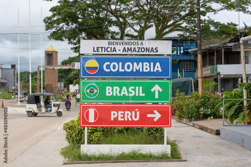 Welcome to Leticia, Amazon. Colombia Brazil Peru".Leticia in the Amazon,  Colombian town on the border with Brazil and Peru. The city with 3 borders.  Stock-Foto | Adobe Stock