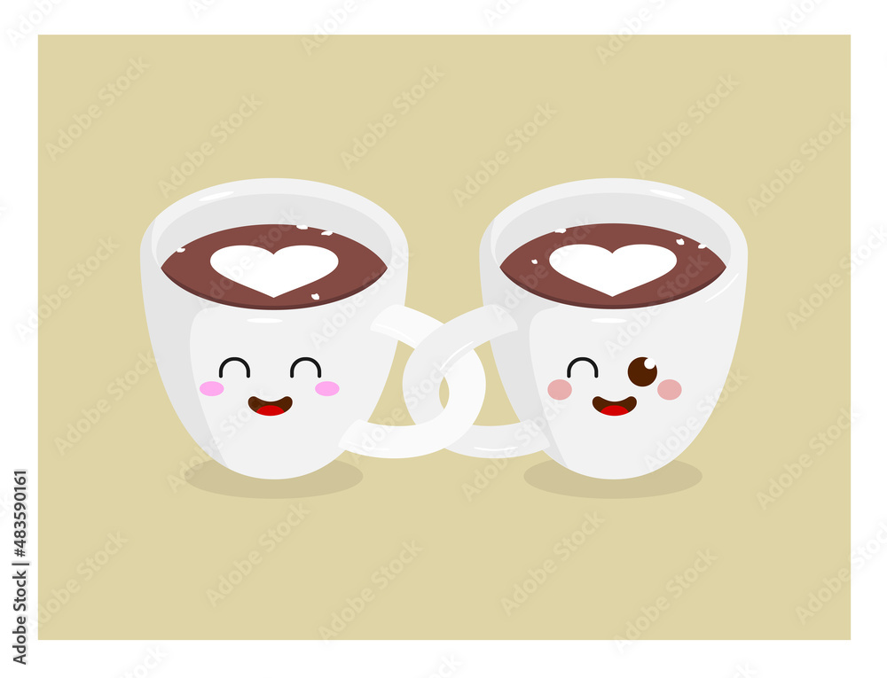 Ilustracao duas xicaras fofinhas de café apaixonadas abracadas pela alça, caneca, cafe, chá, cappuccino, leite, amor, paixao, sorriso, alegre, sentimento, barista, espresso, namorados, bebida, xícara