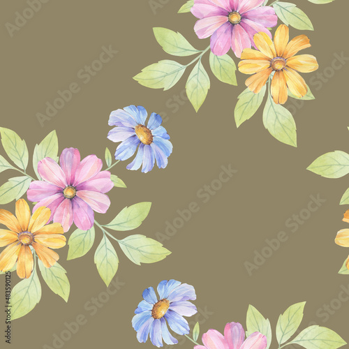 Watercolor flower prints with leaves repeating seamless pattern. Digital hand-drawn picture of flowers with a watercolor texture. endless motif for textile decor, wallpaper, packaging and design