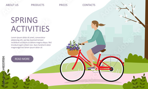 Landing page template. Woman riding bicycle in the park. The concept of an active lifestyle, outdoor activities