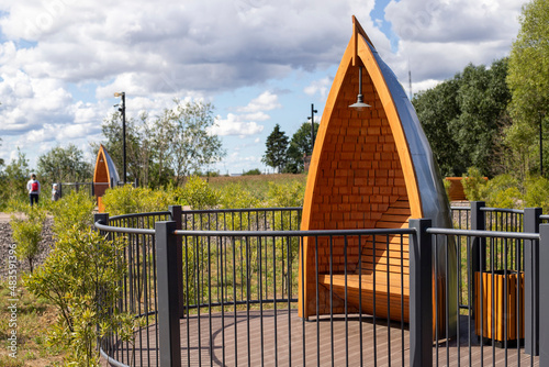Place to relax, a gazebo in Park Island of Forts, Russia, St. Petersburg, Kronshtadt, summer 2021