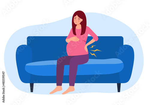 Pregnant woman sitting on sofa having backache symptom in flat design on white background. Tired pregnant female.