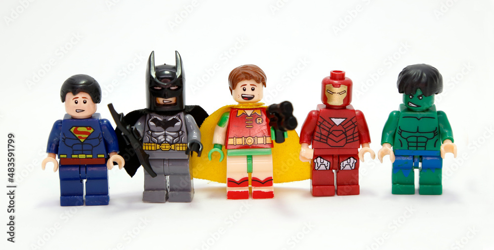 Lego Marvel. Superheroes. Robin, Hulk, Ironman, Batman, Superman. Toys for  childrens. Small plastic figures. Fight of good against evil. Isolated  white. Stock Photo | Adobe Stock