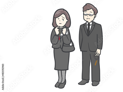 ブラックフォーマルで数珠を持った悲しみの表情の男女のイラスト