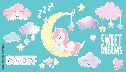 Modern vector collection of stickers for children Sweet dreams. Set of colorful cute stickers with unicorn on the moon, clouds, stars and sweet dreams text for bedrooms decoration, diary, planner